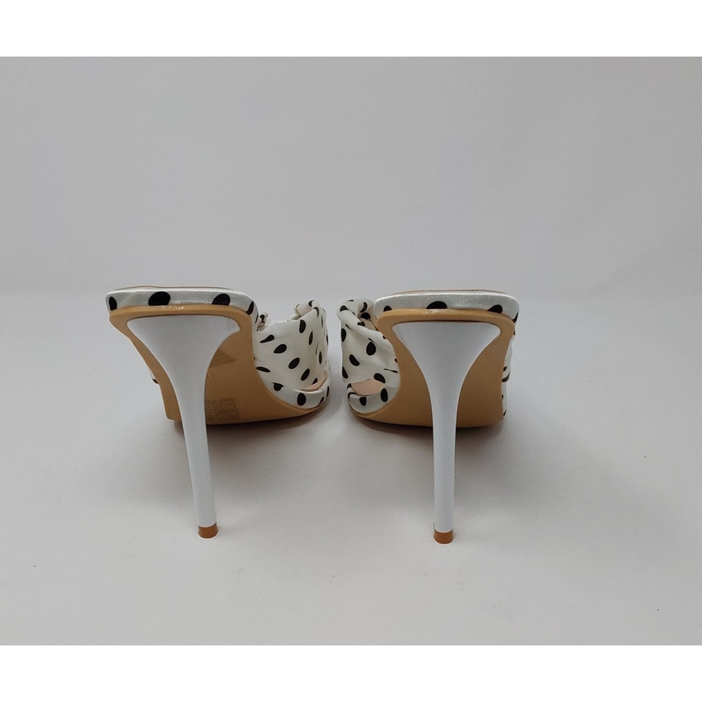 Womens Size 44 White Black Polka Dot Satin Stiletto Mule Heels Square Toe - Picture 5 of 6